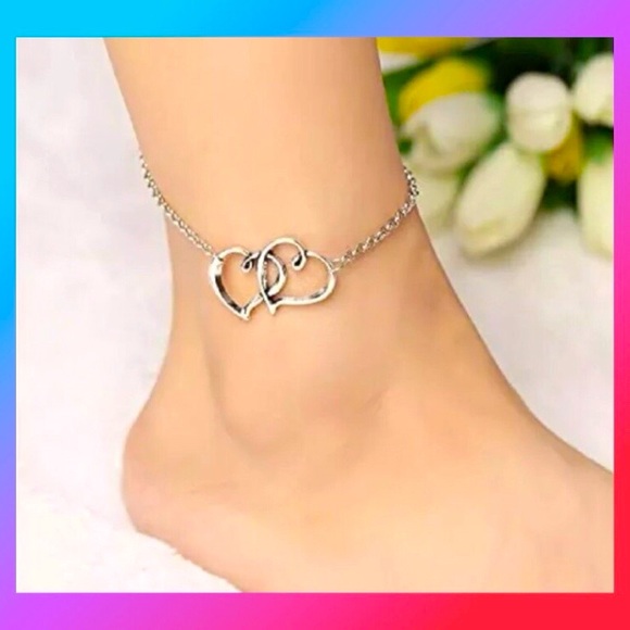 New !! 925 Silver Double Hearts Anklet - Picture 1 of 5